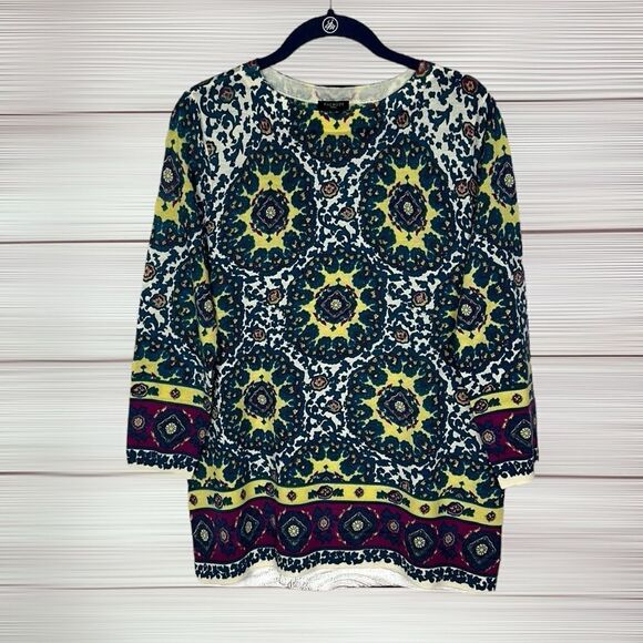 Talbots Merino Wool Lightweight Sweater Aqua Blue Yellow 3/4 Sleeve size X - Picture 1 of 10